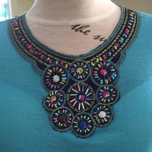 Never Worn Beaded Aquamarine blue gauze Tunic 14 - Picture 2 of 5